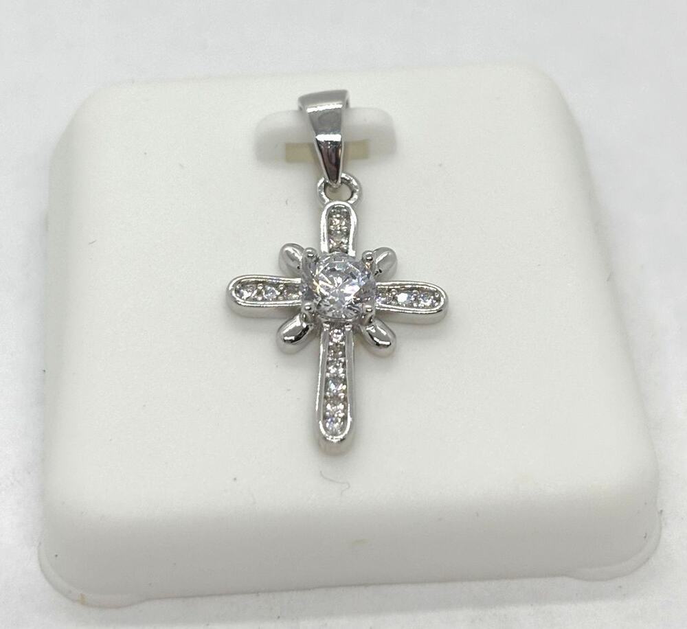925 Sterling Silver Starburst Cross Cubic Zirconia Pendant 25mm